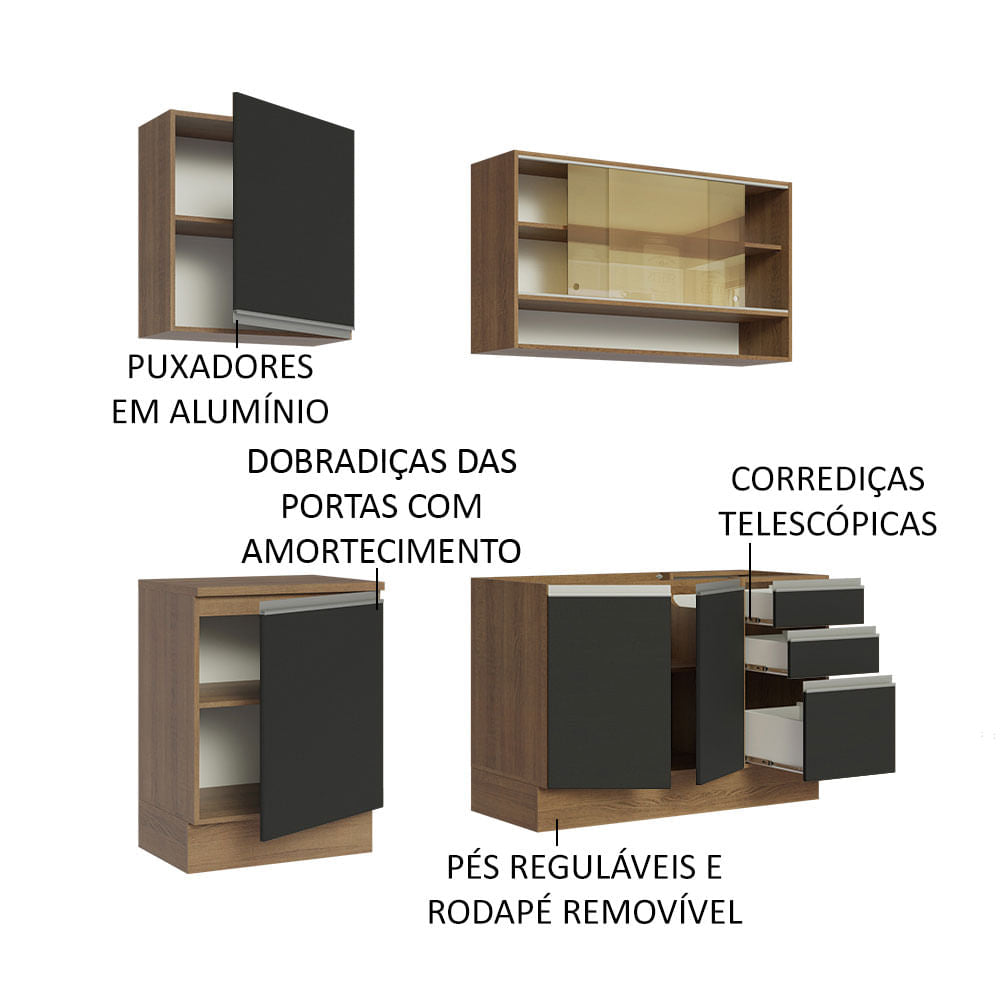 Armário de Cozinha Compacta 180cm Rustic Preto Glamy Madesa 06