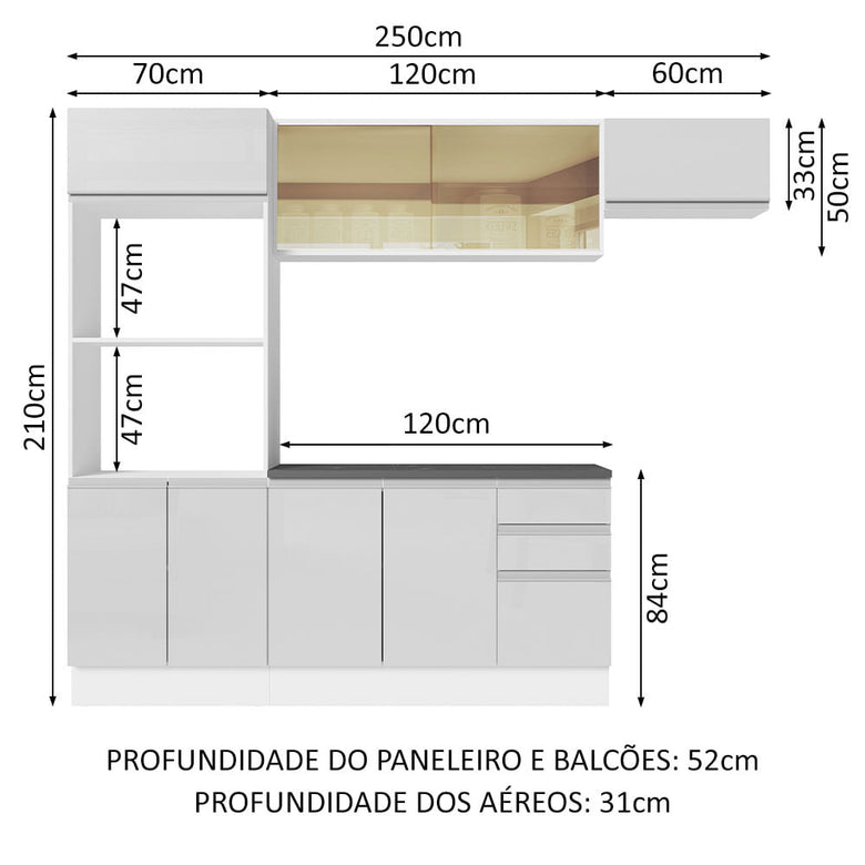 Armário de Cozinha Completa 100% MDF 250cm Frentes Branco Brilho Acordes Madesa 04