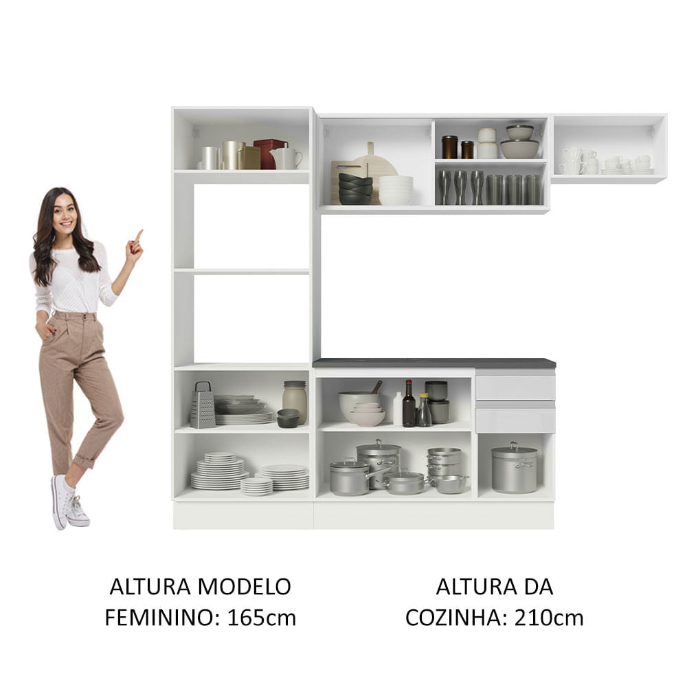 Armário de Cozinha Completa 100% MDF 250cm Frentes Branco Brilho Acordes Madesa 04