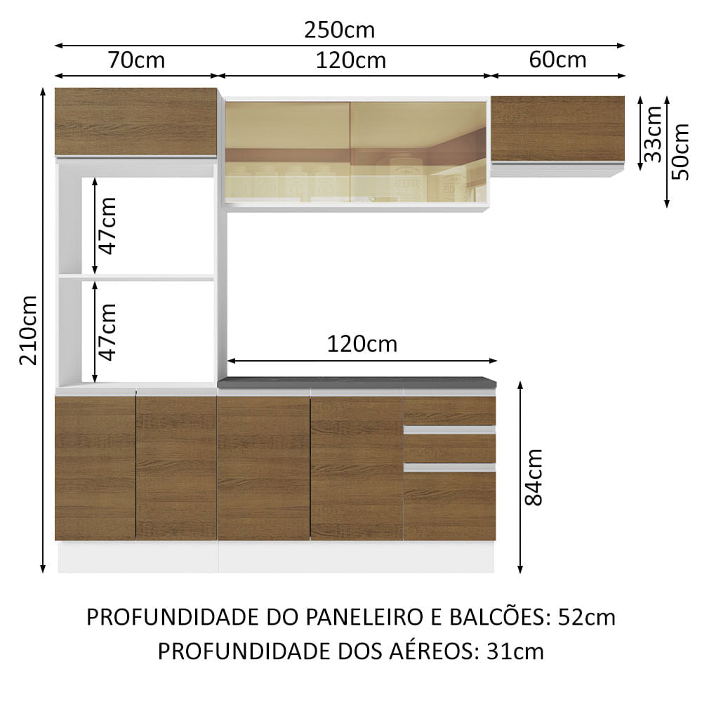 Armário de Cozinha Completa 100% MDF 250cm Branco/Rustic Acordes Madesa 04