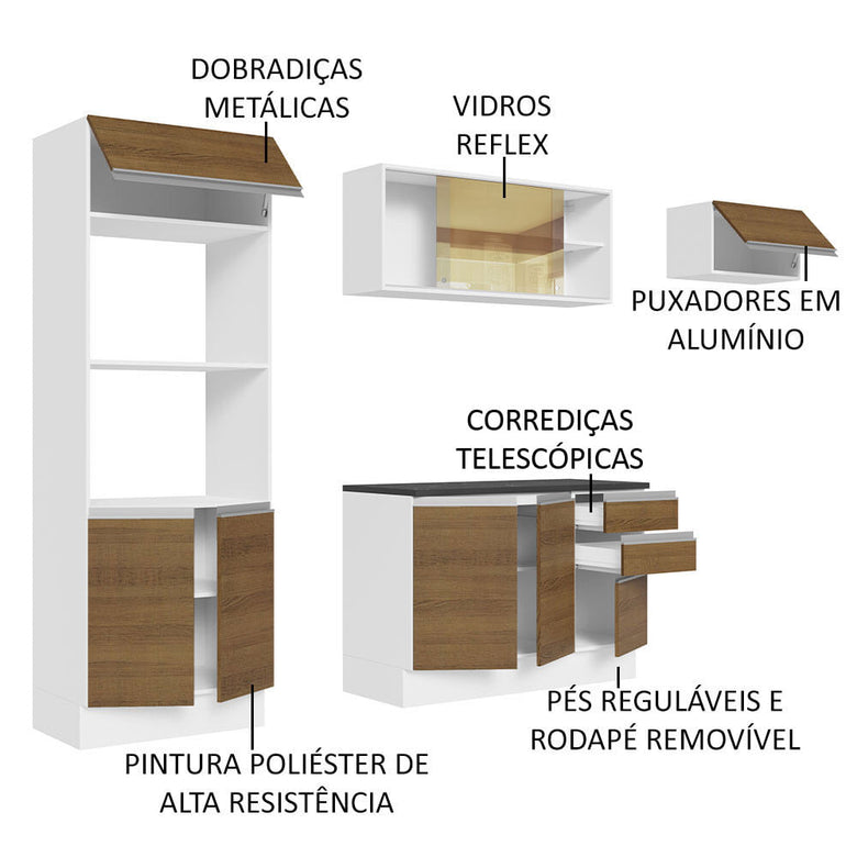 Armário de Cozinha Completa 100% MDF 250cm Branco/Rustic Acordes Madesa 04