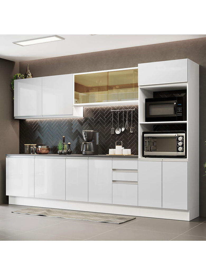 Armário de Cozinha Completa 100% MDF 310cm Frentes Branco Brilho Acordes Madesa 01