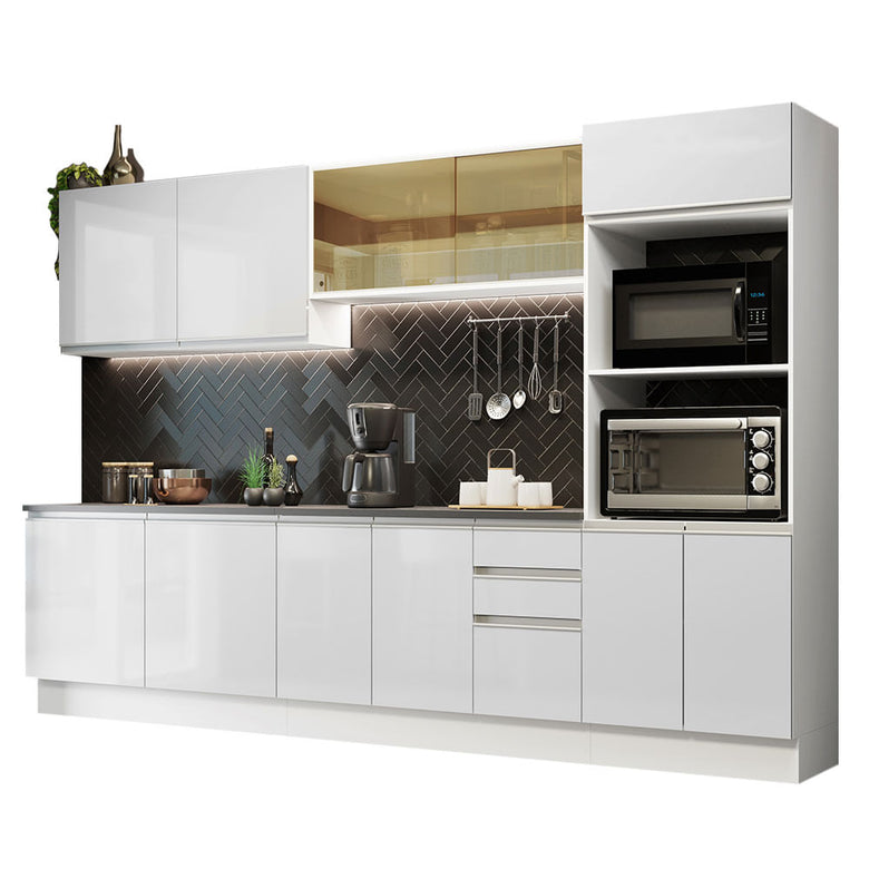 Armário de Cozinha Completa 100% MDF 310cm Frentes Branco Brilho Acordes Madesa 01