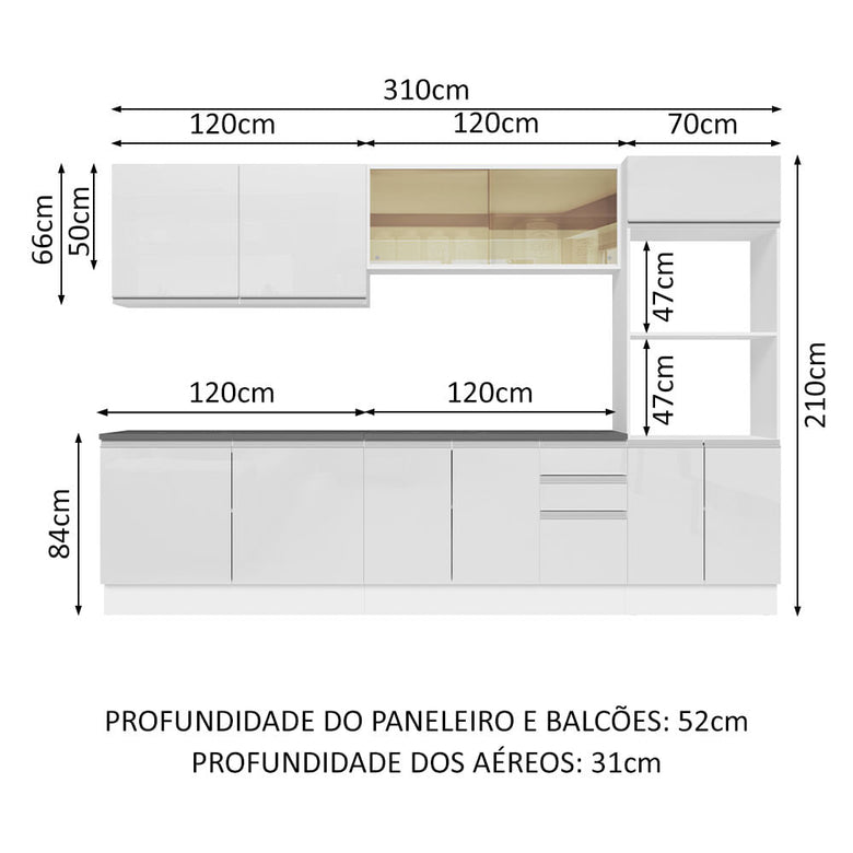 Armário de Cozinha Completa 100% MDF 310cm Frentes Branco Brilho Acordes Madesa 01