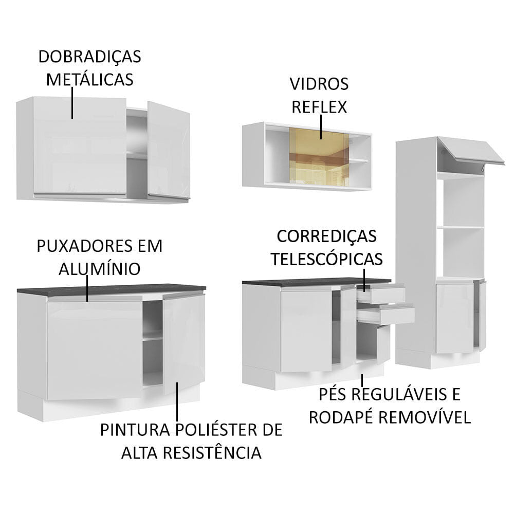 Armário de Cozinha Completa 100% MDF 310cm Frentes Branco Brilho Acordes Madesa 01