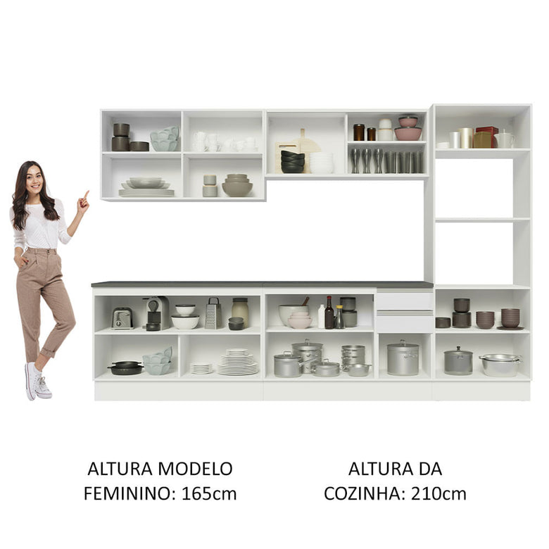 Armário de Cozinha Completa 100% MDF 310cm Frentes Branco Brilho Acordes Madesa 01