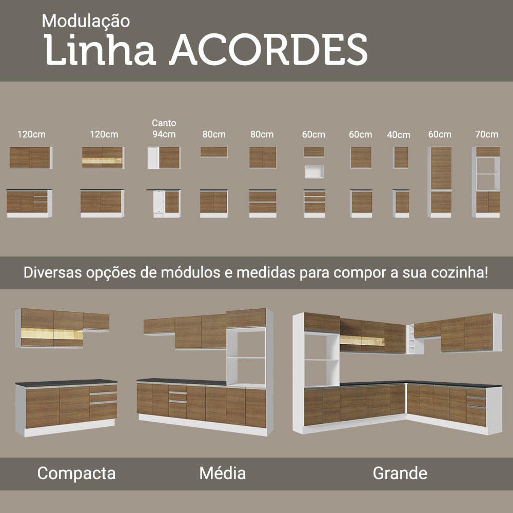 Armário de Cozinha Completa 100% MDF 310cm Branco/Rustic Acordes Madesa 01