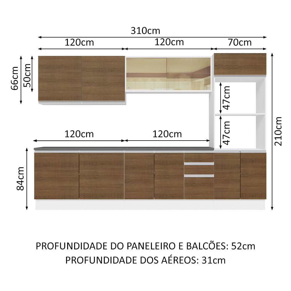 Armário de Cozinha Completa 100% MDF 310cm Branco/Rustic Acordes Madesa 01