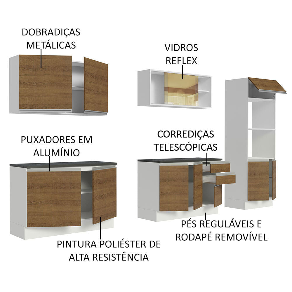 Armário de Cozinha Completa 100% MDF 310cm Branco/Rustic Acordes Madesa 01