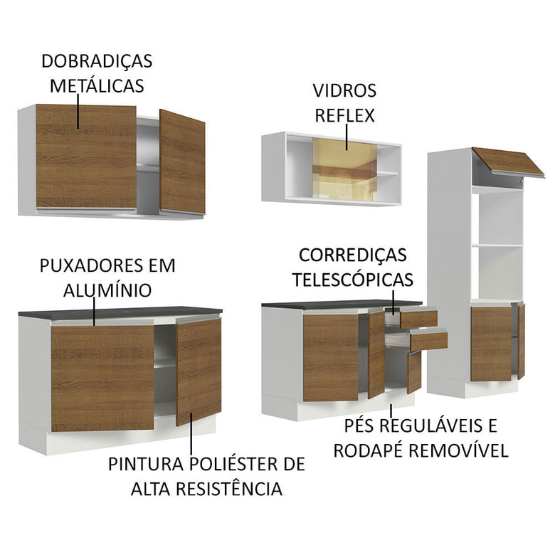 Armário de Cozinha Completa 100% MDF 310cm Branco/Rustic Acordes Madesa 01