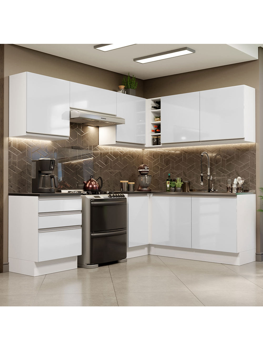 Armário de Cozinha Completa de Canto 100% MDF 409cm Frentes Branco Brilho Acordes Madesa 01 - Branco