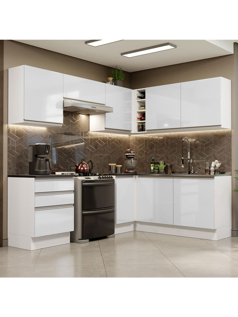 Armário de Cozinha Completa de Canto 100% MDF 409cm Frentes Branco Brilho Acordes Madesa 01