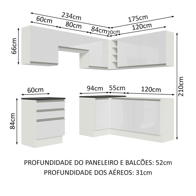 Armário de Cozinha Completa de Canto 100% MDF 409cm Frentes Branco Brilho Acordes Madesa 01