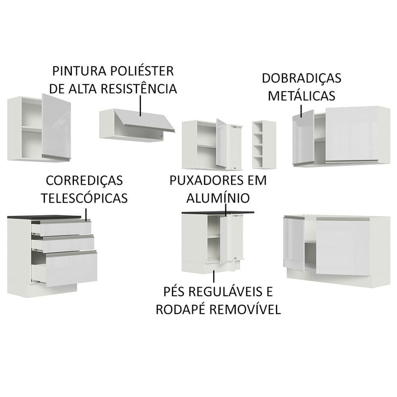 Armário de Cozinha Completa de Canto 100% MDF 409cm Frentes Branco Brilho Acordes Madesa 01