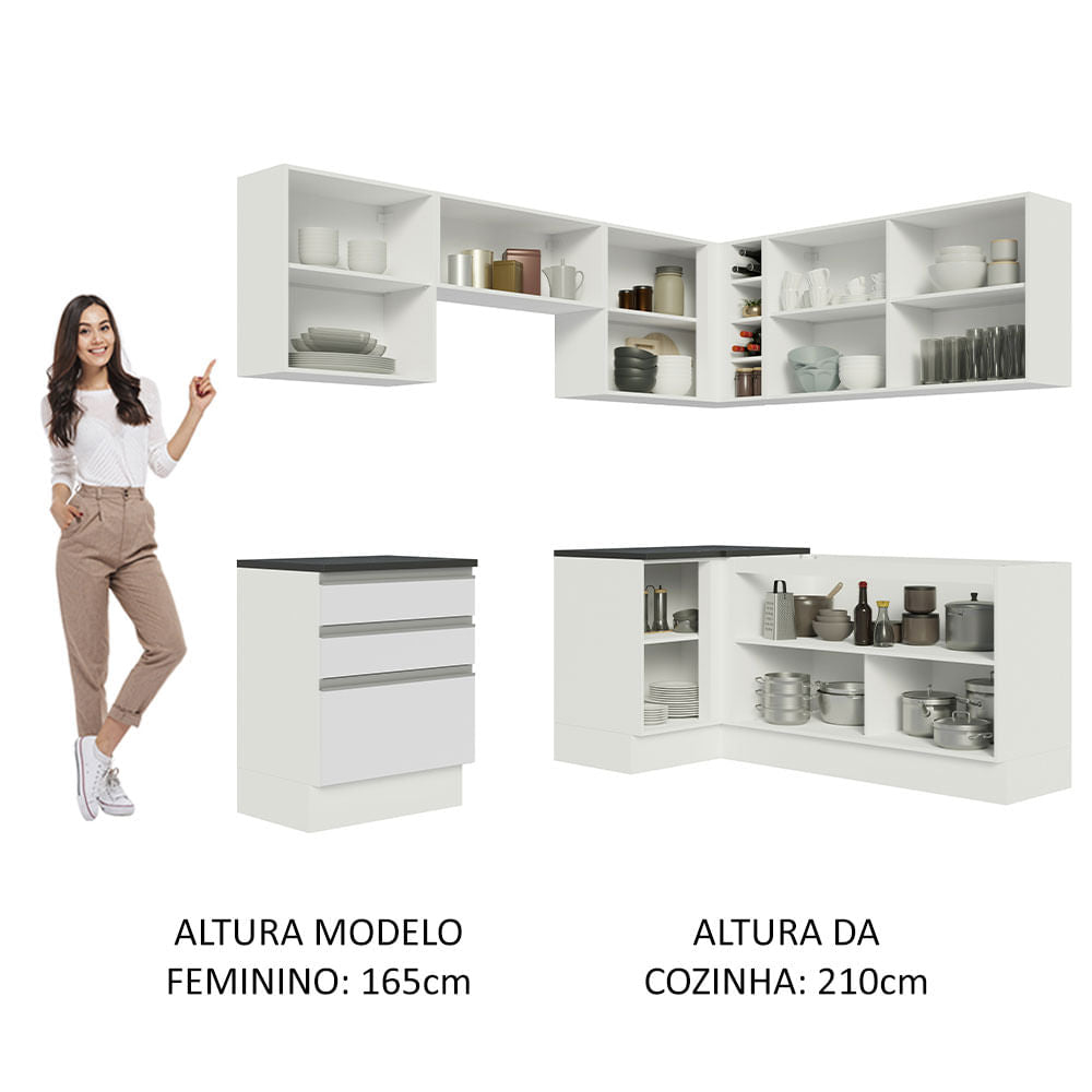 Armário de Cozinha Completa de Canto 100% MDF 409cm Frentes Branco Brilho Acordes Madesa 01