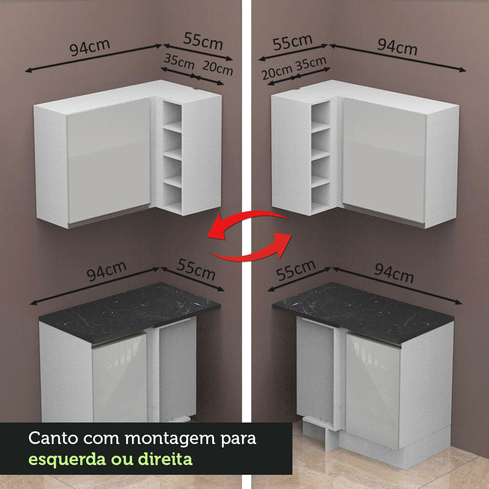 Armário de Cozinha Completa de Canto 100% MDF 409cm Frentes Branco Brilho Acordes Madesa 01