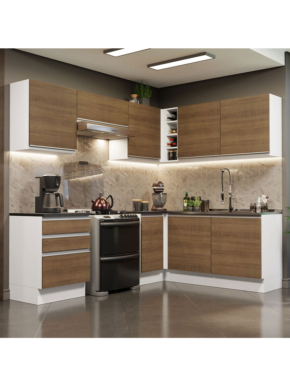 Armário de Cozinha Completa de Canto 100% MDF 409cm Branco/Rustic Acordes Madesa 01 - Branco/Rustic