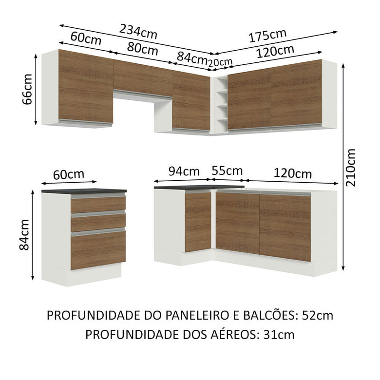 Armário de Cozinha Completa de Canto 100% MDF 409cm Branco/Rustic Acordes Madesa 01