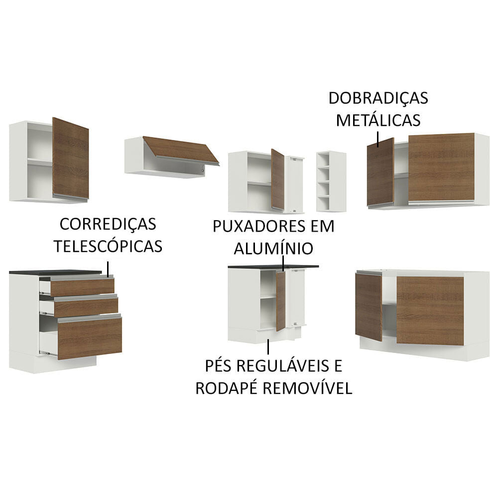 Armário de Cozinha Completa de Canto 100% MDF 409cm Branco/Rustic Acordes Madesa 01