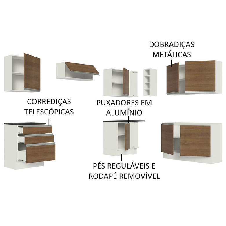 Armário de Cozinha Completa de Canto 100% MDF 409cm Branco/Rustic Acordes Madesa 01