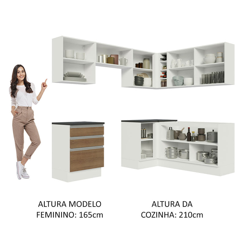 Armário de Cozinha Completa de Canto 100% MDF 409cm Branco/Rustic Acordes Madesa 01