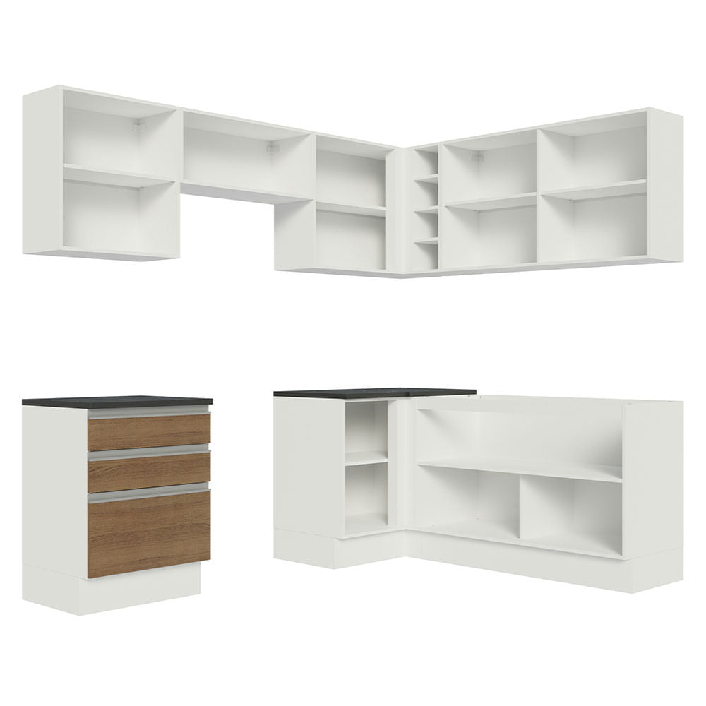 Armário de Cozinha Completa de Canto 100% MDF 409cm Branco/Rustic Acordes Madesa 01