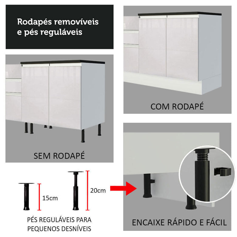 Armário de Cozinha Completa de Canto 100% MDF 389cm Frentes Branco Brilho Acordes Madesa 02