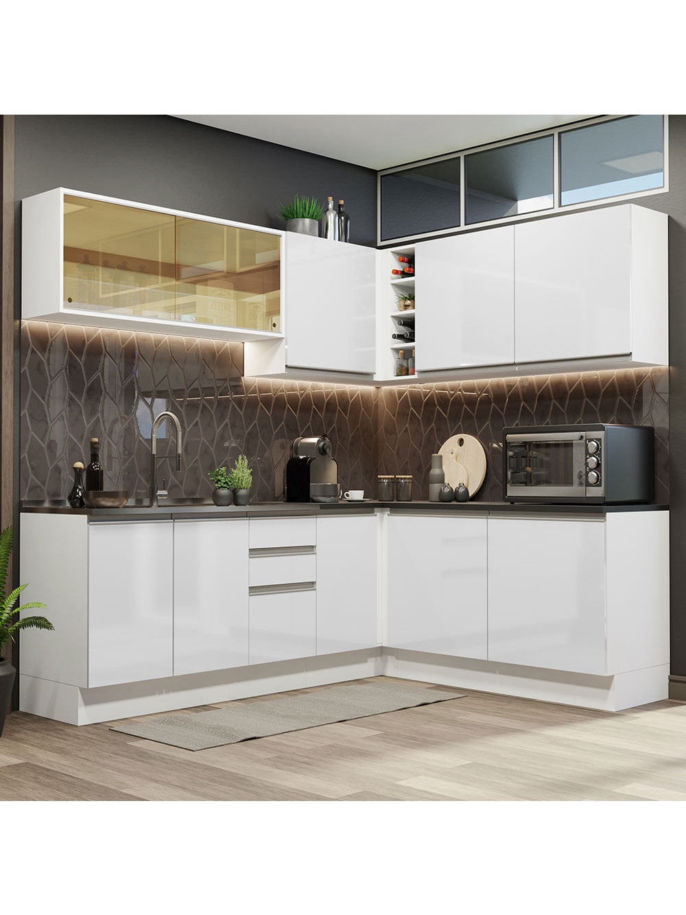 Armário de Cozinha Completa de Canto 100% MDF 389cm Frentes Branco Brilho Acordes Madesa 02 - Branco