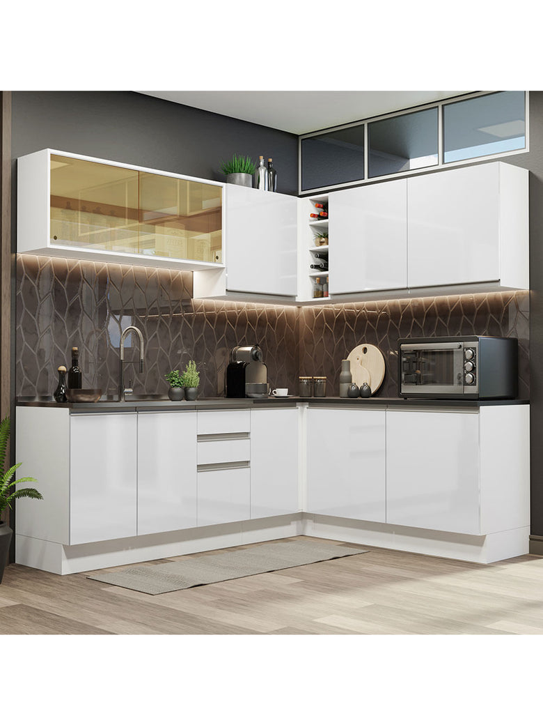 Armário de Cozinha Completa de Canto 100% MDF 389cm Frentes Branco Brilho Acordes Madesa 02