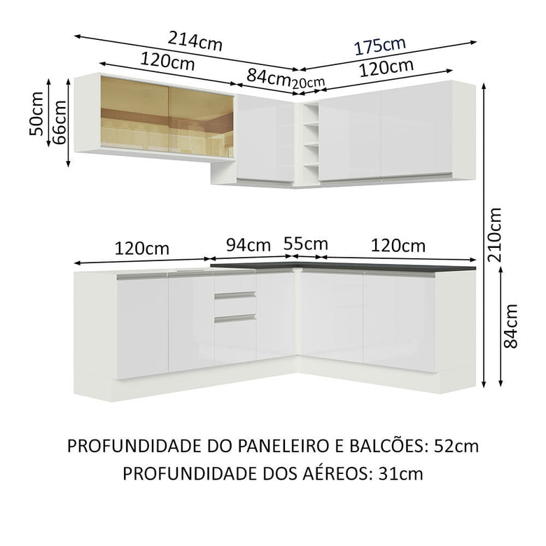 Armário de Cozinha Completa de Canto 100% MDF 389cm Frentes Branco Brilho Acordes Madesa 02