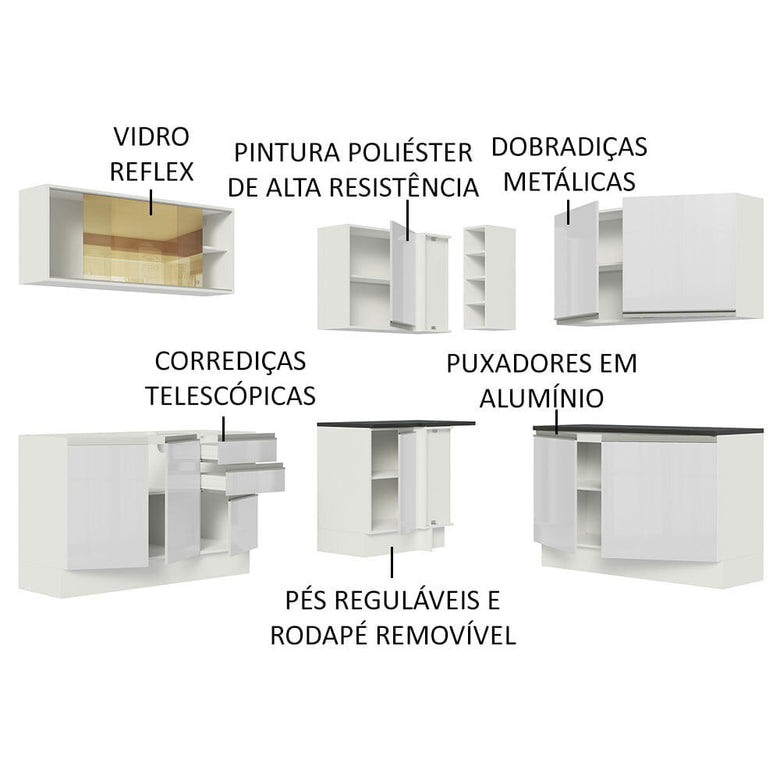 Armário de Cozinha Completa de Canto 100% MDF 389cm Frentes Branco Brilho Acordes Madesa 02