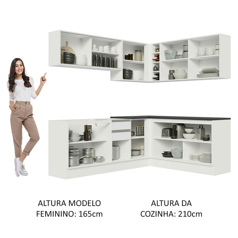Armário de Cozinha Completa de Canto 100% MDF 389cm Frentes Branco Brilho Acordes Madesa 02