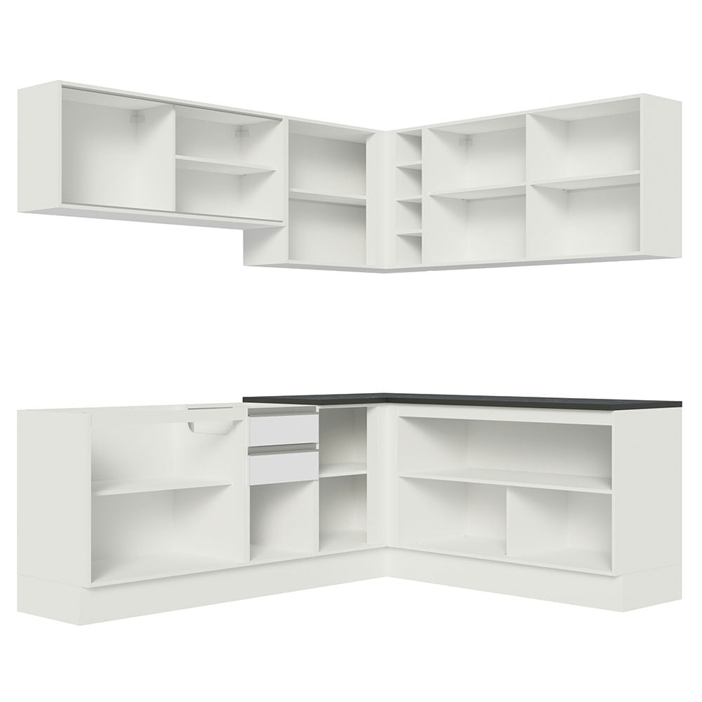 Armário de Cozinha Completa de Canto 100% MDF 389cm Frentes Branco Brilho Acordes Madesa 02
