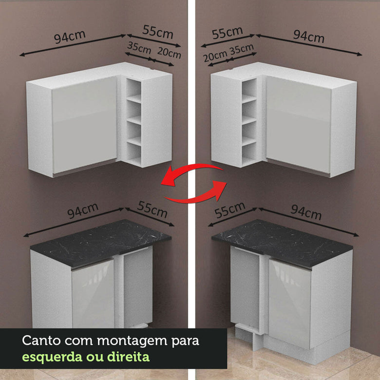 Armário de Cozinha Completa de Canto 100% MDF 389cm Frentes Branco Brilho Acordes Madesa 02