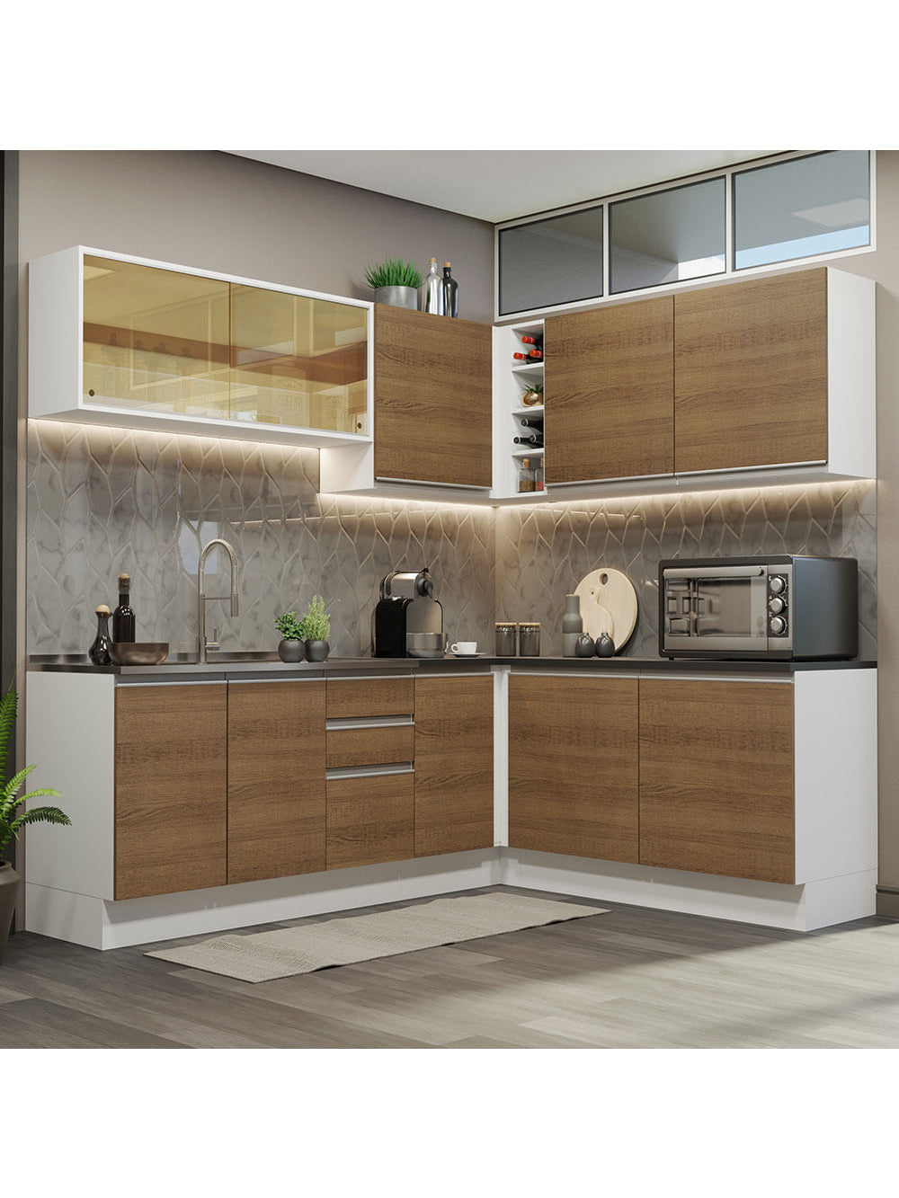 Armário de Cozinha Completa de Canto 100% MDF 389cm Branco/Rustic Acordes Madesa 02 - Branco/Rustic