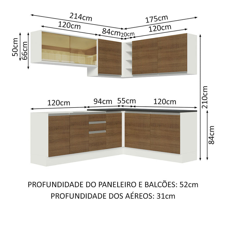 Armário de Cozinha Completa de Canto 100% MDF 389cm Branco/Rustic Acordes Madesa 02