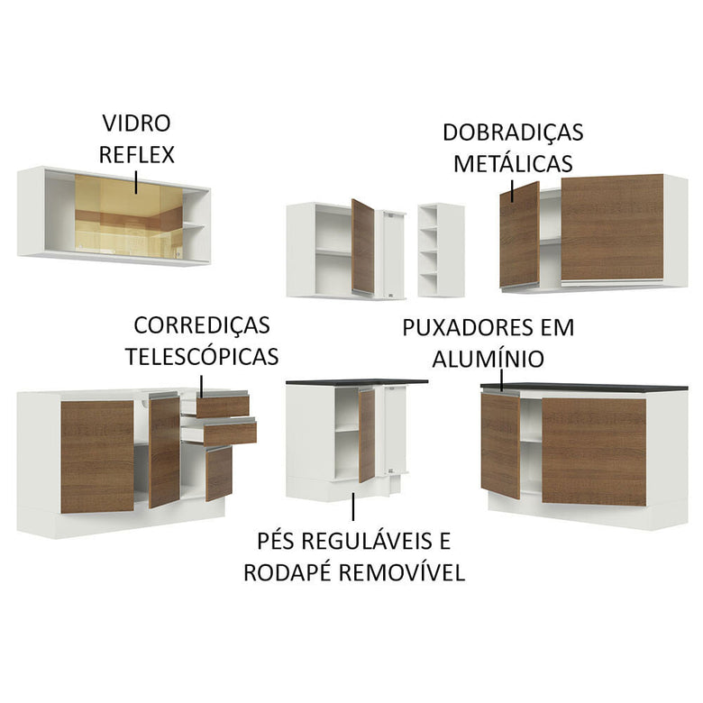Armário de Cozinha Completa de Canto 100% MDF 389cm Branco/Rustic Acordes Madesa 02