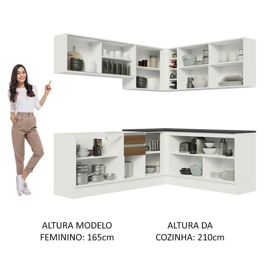 Armário de Cozinha Completa de Canto 100% MDF 389cm Branco/Rustic Acordes Madesa 02