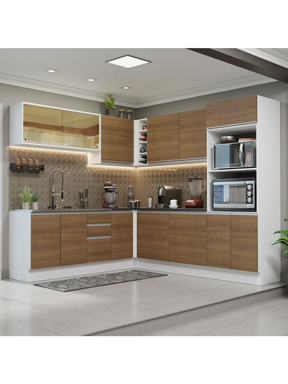 Armário de Cozinha Completa de Canto 100% MDF 459cm Branco/Rustic Acordes Madesa 01 - Branco/Rustic