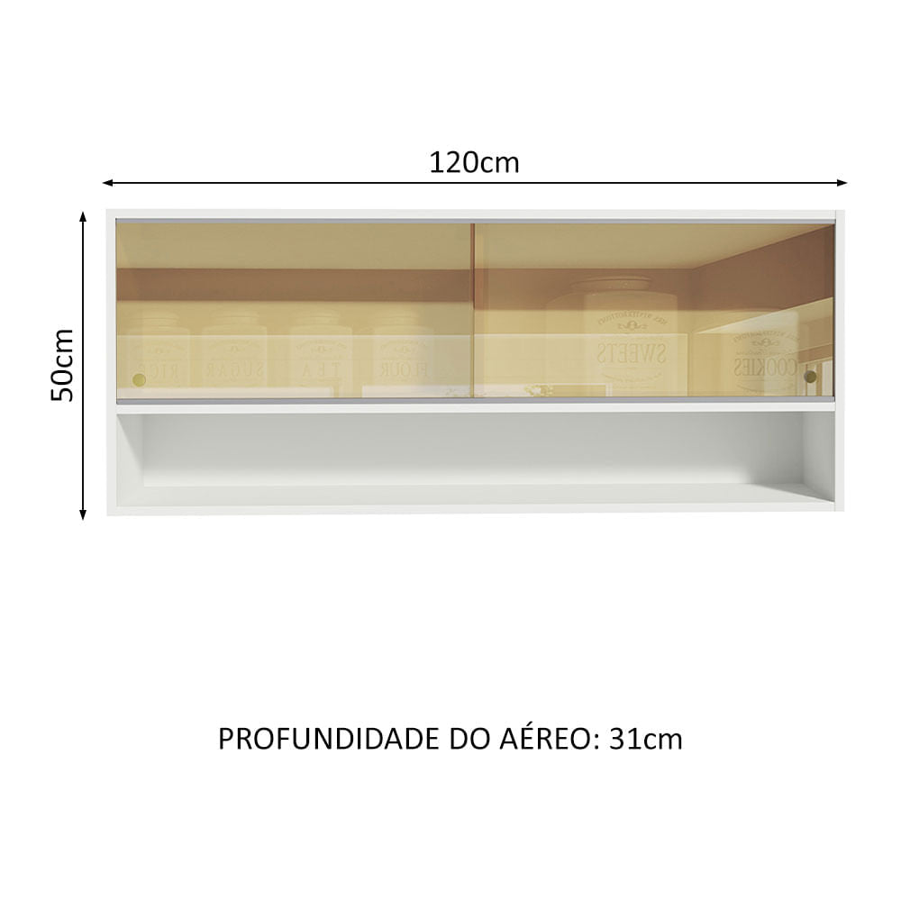 Armário Aéreo Madesa 120cm 2 Portas Correr Vidro Reflex 1 Nicho para Cozinhas Glamy, Lux e Reims Branco - Branco
