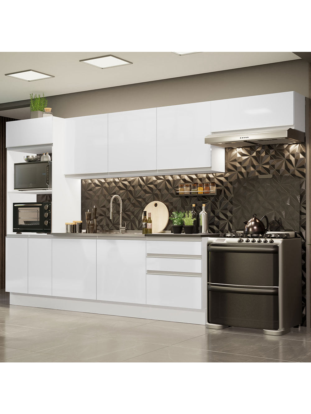 Armário de Cozinha Completa 100% MDF 330cm Frentes Branco Brilho Acordes Madesa 06 - Branco