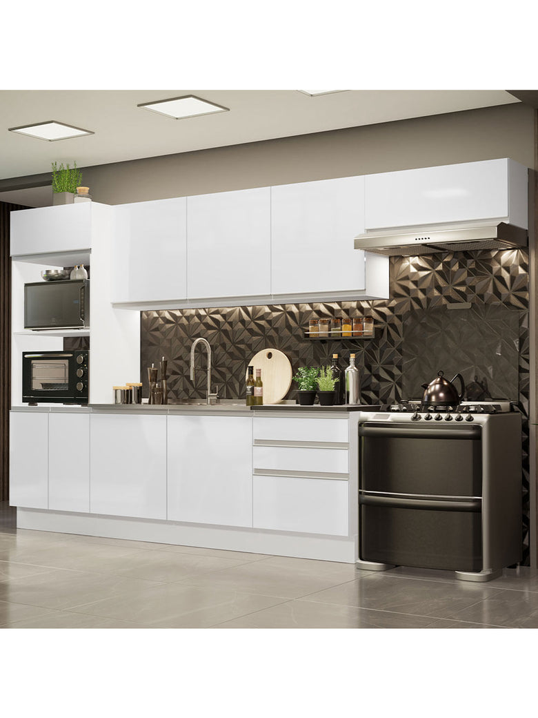 Armário de Cozinha Completa 100% MDF 330cm Frentes Branco Brilho Acordes Madesa 06