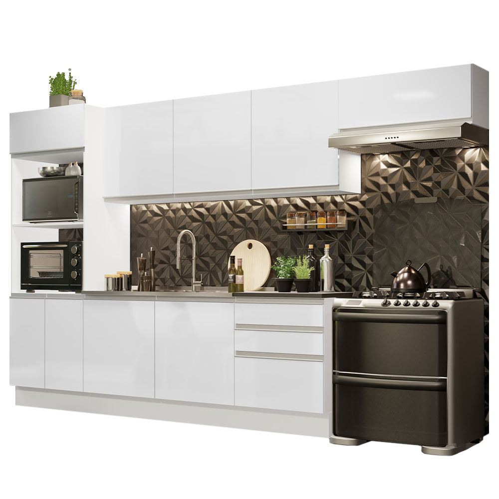 Armário de Cozinha Completa 100% MDF 330cm Frentes Branco Brilho Acordes Madesa 06 - Branco
