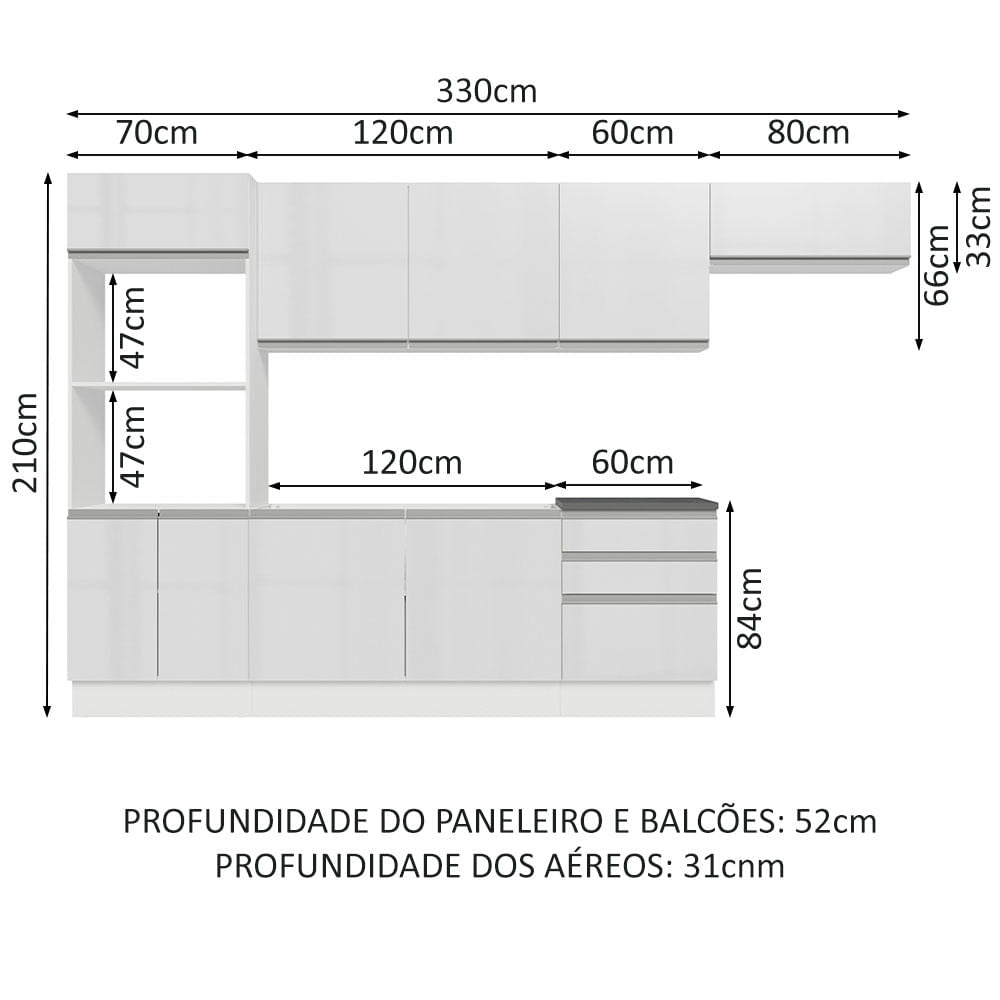 Armário de Cozinha Completa 100% MDF 330cm Frentes Branco Brilho Acordes Madesa 06