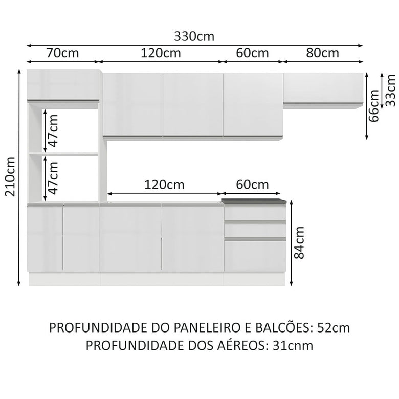 Armário de Cozinha Completa 100% MDF 330cm Frentes Branco Brilho Acordes Madesa 06
