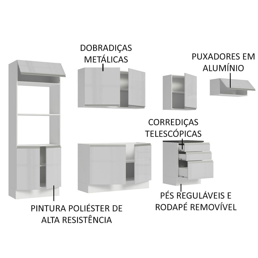 Armário de Cozinha Completa 100% MDF 330cm Frentes Branco Brilho Acordes Madesa 06