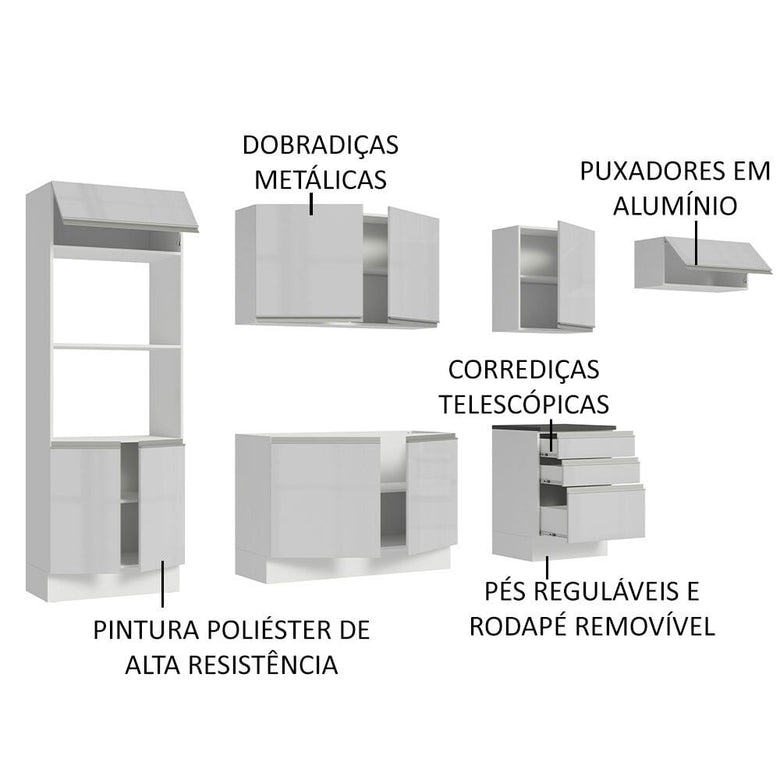 Armário de Cozinha Completa 100% MDF 330cm Frentes Branco Brilho Acordes Madesa 06