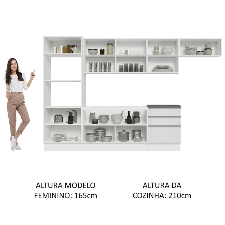 Armário de Cozinha Completa 100% MDF 330cm Frentes Branco Brilho Acordes Madesa 06