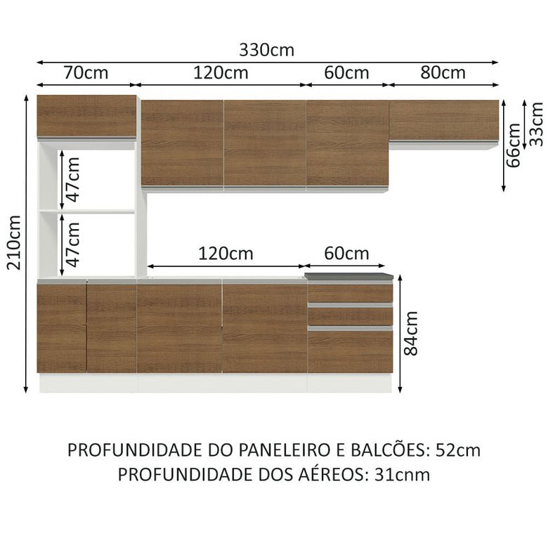 Armário de Cozinha Completa 100% MDF 330cm Branco/Rustic Acordes Madesa 06
