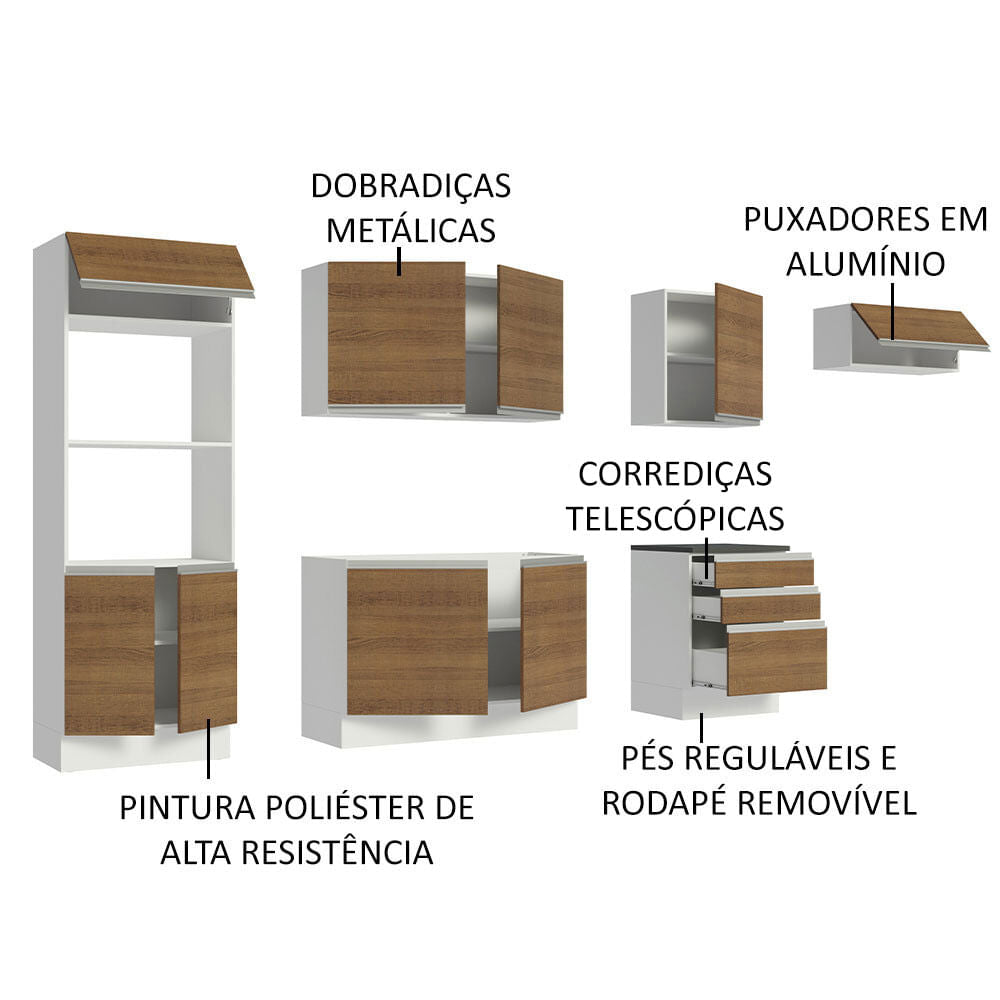 Armário de Cozinha Completa 100% MDF 330cm Branco/Rustic Acordes Madesa 06